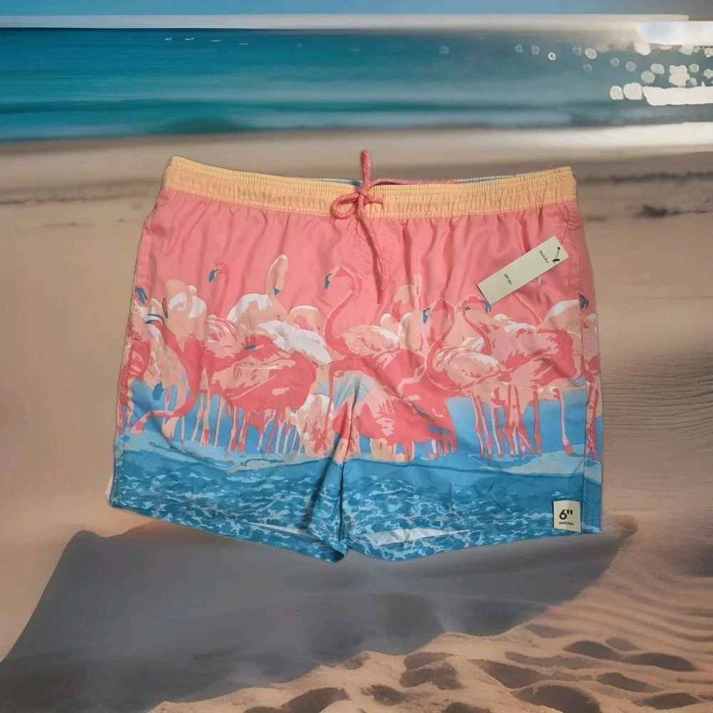 No Boundaries Mens Flamingo Swim Trunks Pink Blue XL‎ 6 Inch Inseam UPF 50+ NWT